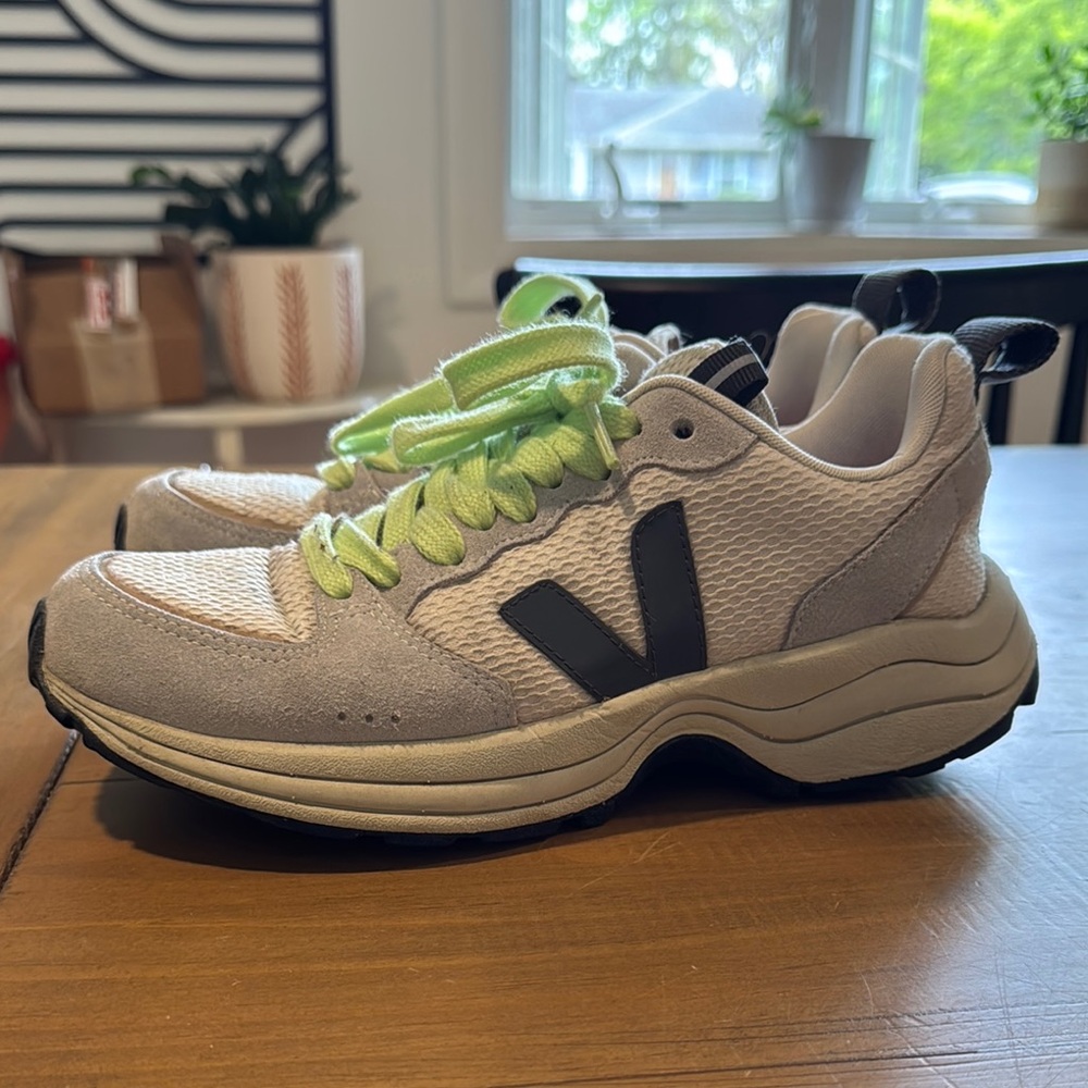 Veja Cream and Black Sneakers with Lime Laces